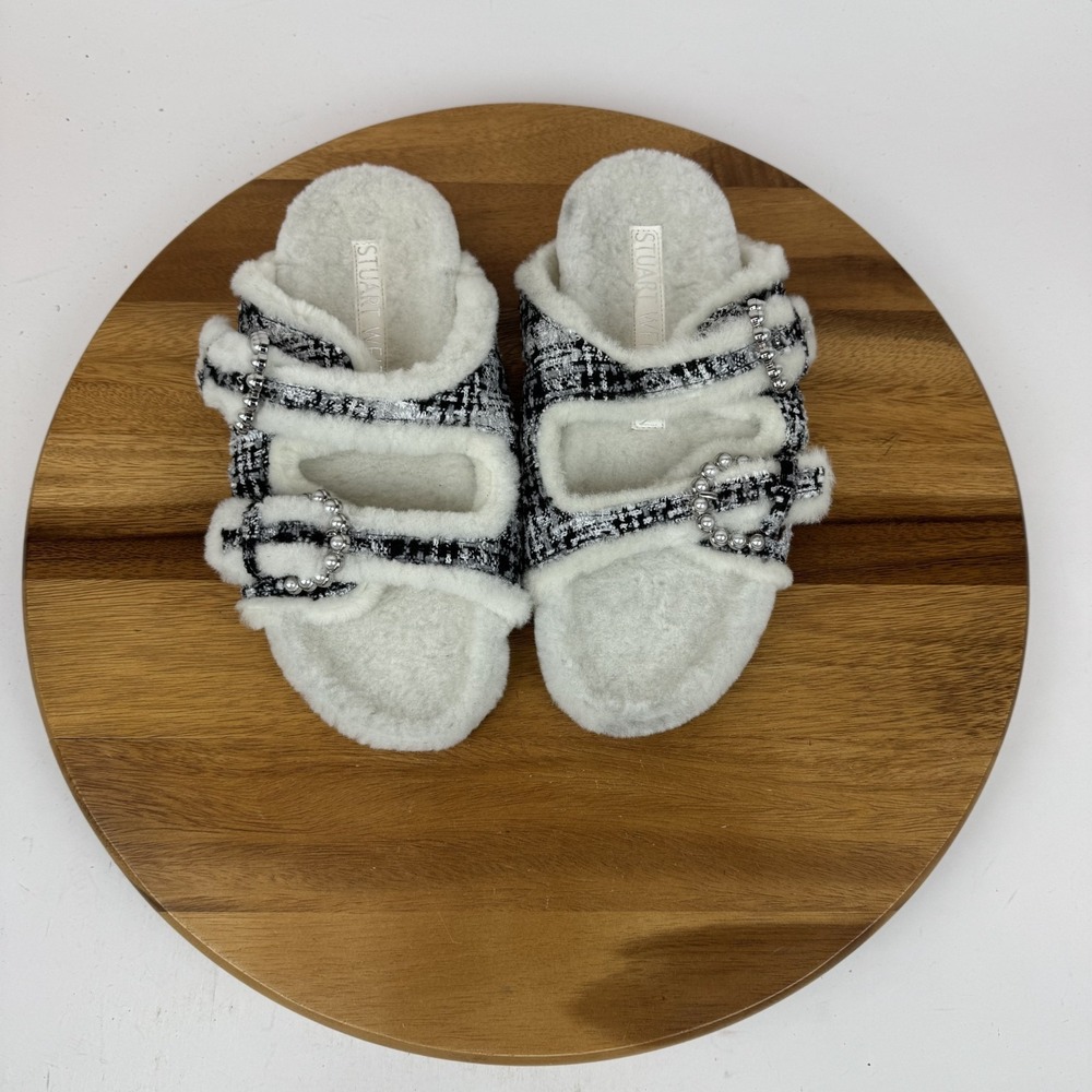 New Stuart Weitzman Piper White Shearling Faux Pearl Slides Sandals Size 8 B